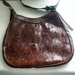 Sagi Italy Tooled Cutwork Leather Floral Handbag